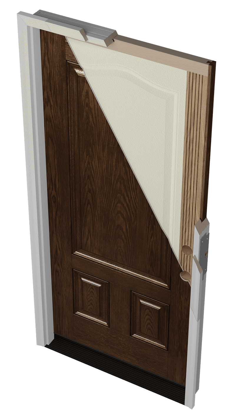 ProVia Signet door cutaway showing the insulated polyurethane core, fiberglass skin, and weather-sealed jamb construction